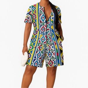 NWT - TribalBYn Candace Zipper Front Romper in Multicolor Geo Print Size Medium